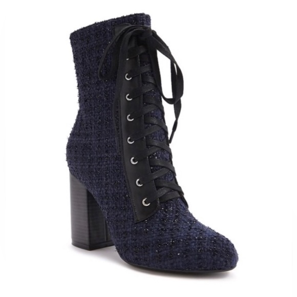 FOREVER 21 Navy Blue Tweed Lace-Up Chunky Heel Booties - Picture 2 of 9